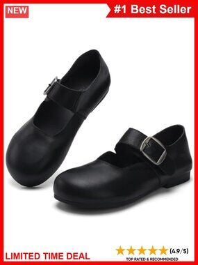 Mary Jane Flat Shoes Soft Round-Toe Slip-On with Buckle Comfortable Casual